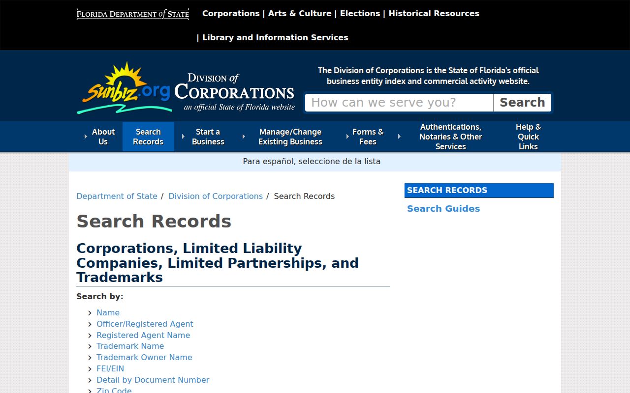 Sarasota County residents directory Sunbiz affiliation search