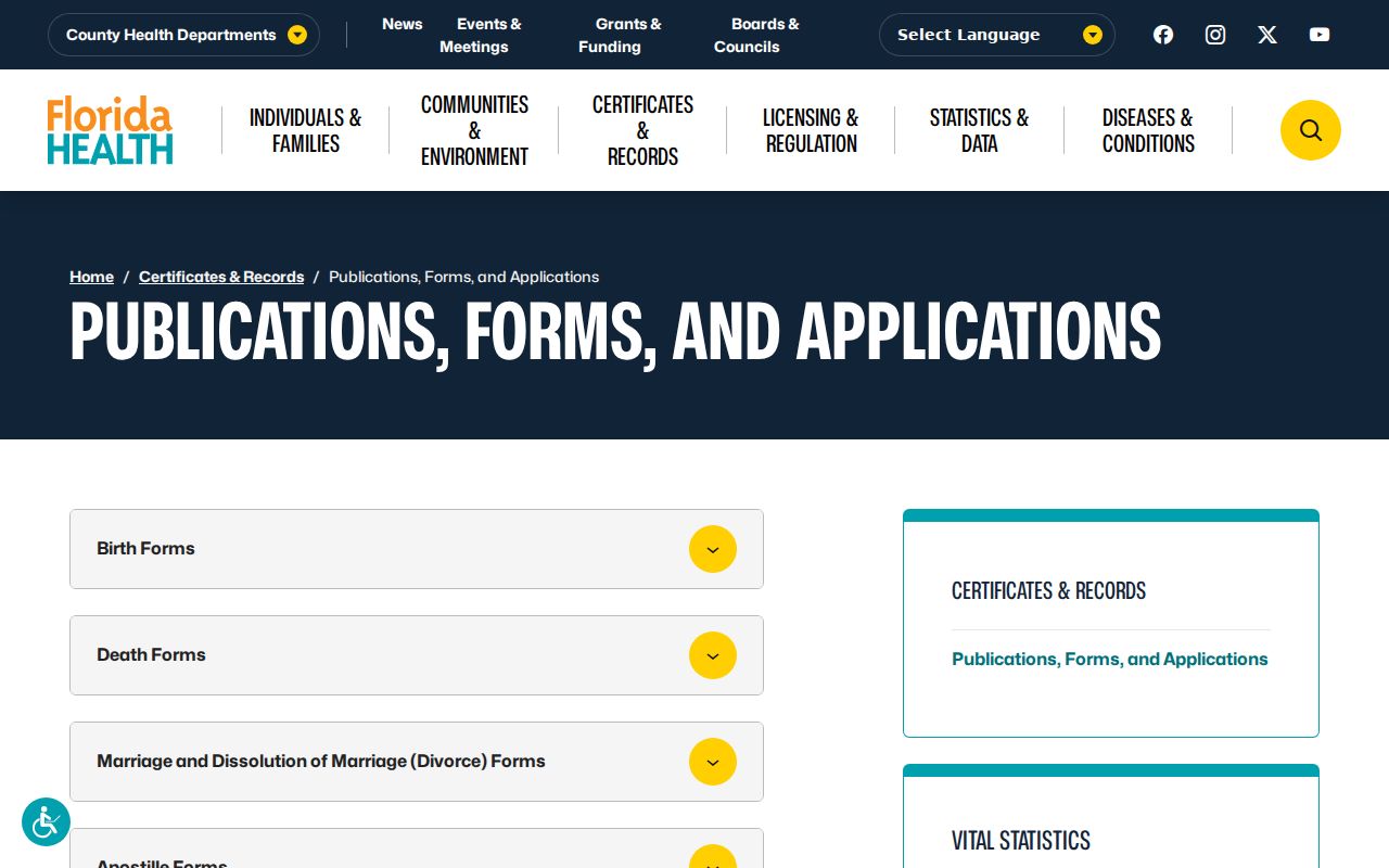 Sarasota County residents directory vital record forms