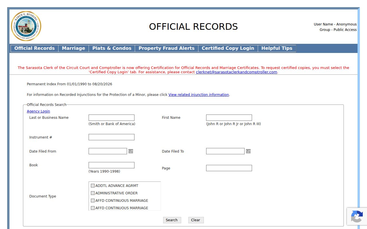 Sarasota County residents directory deed index