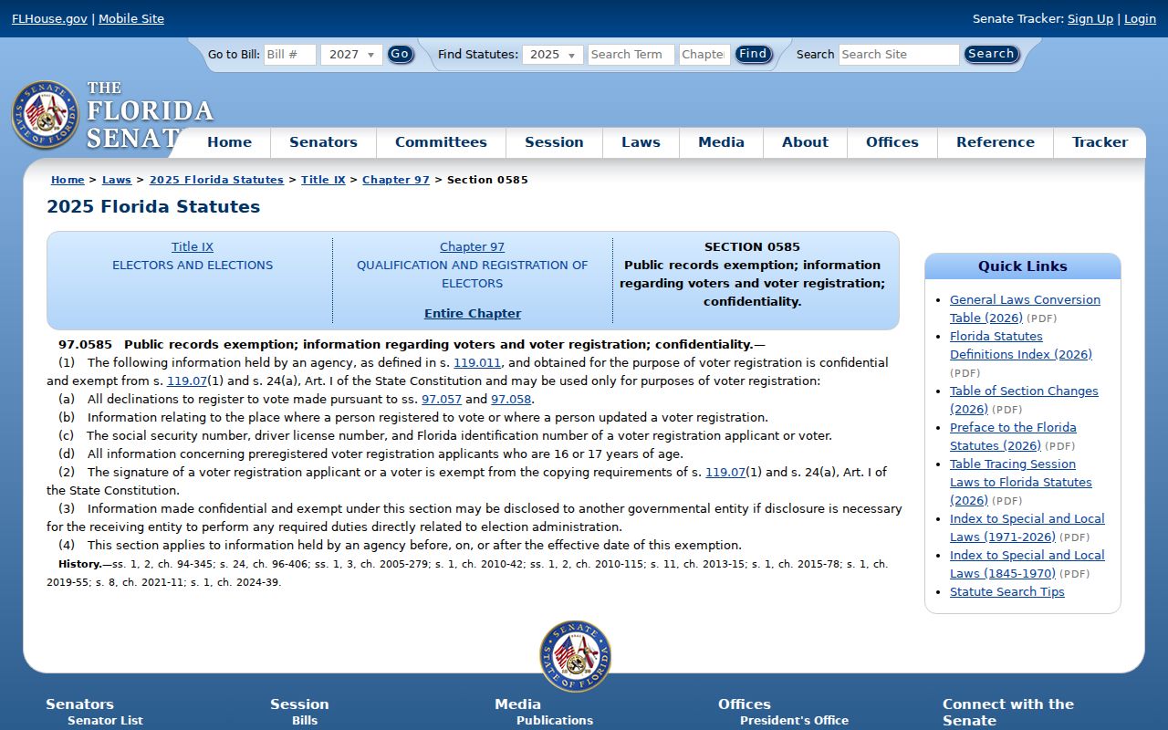 Sarasota County neighbors voter confidentiality statute