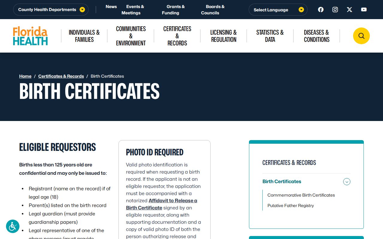Florida birth certificate access page relevant to Sarasota family-history research