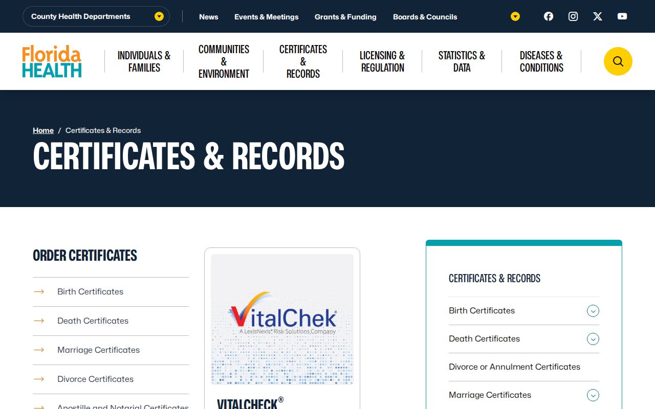 Florida vital records portal used to confirm endpoints in Sarasota previous-resident research