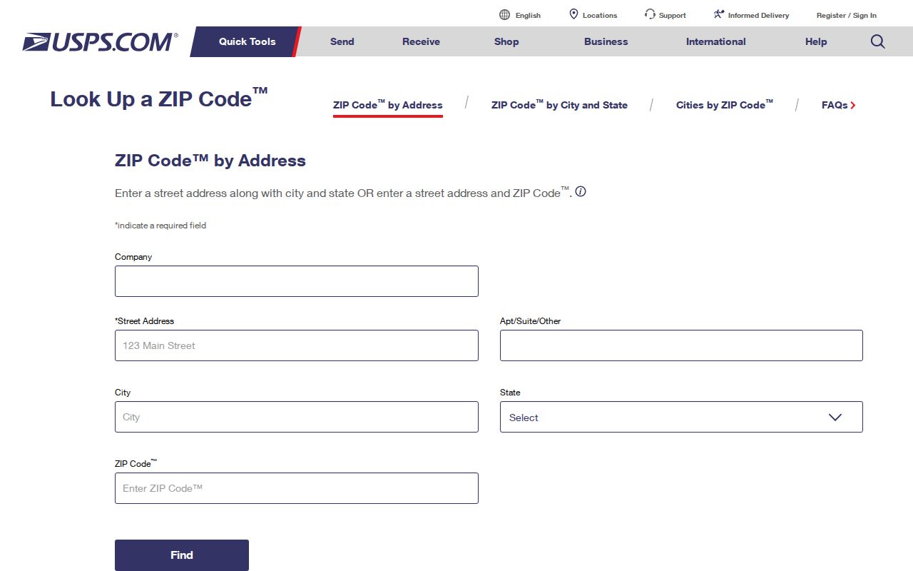 USPS form used to verify a Sarasota County street address and ZIP code