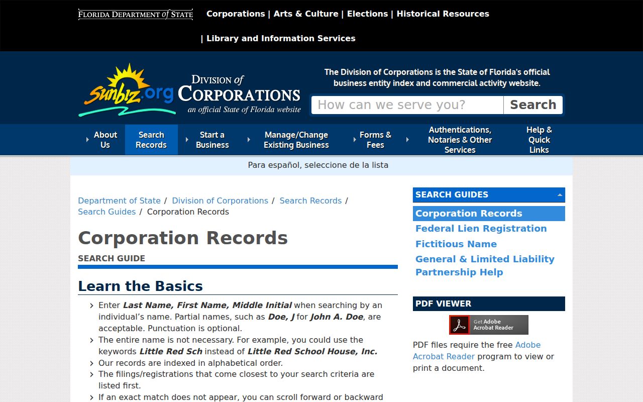 Sarasota County ZIP code directory Sunbiz search guide